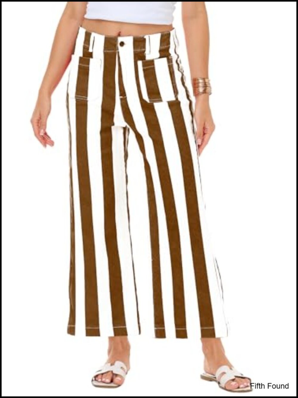 Stretchy Cropped Flare Jeans High Waist Striped Denim Pants with Pockets